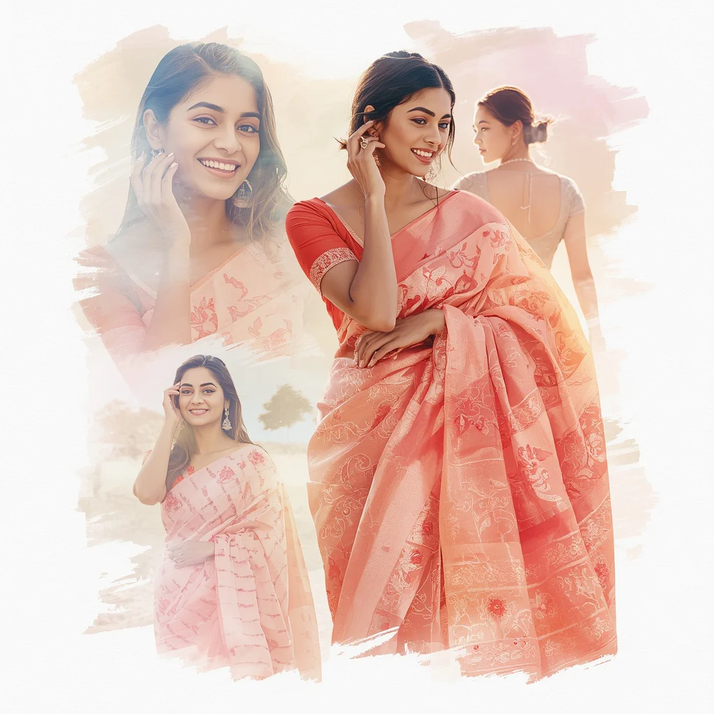 An Indian Woman in Watercolor Brush Stroke Frames | trending saree gemini prompt instagram — AI image prompt