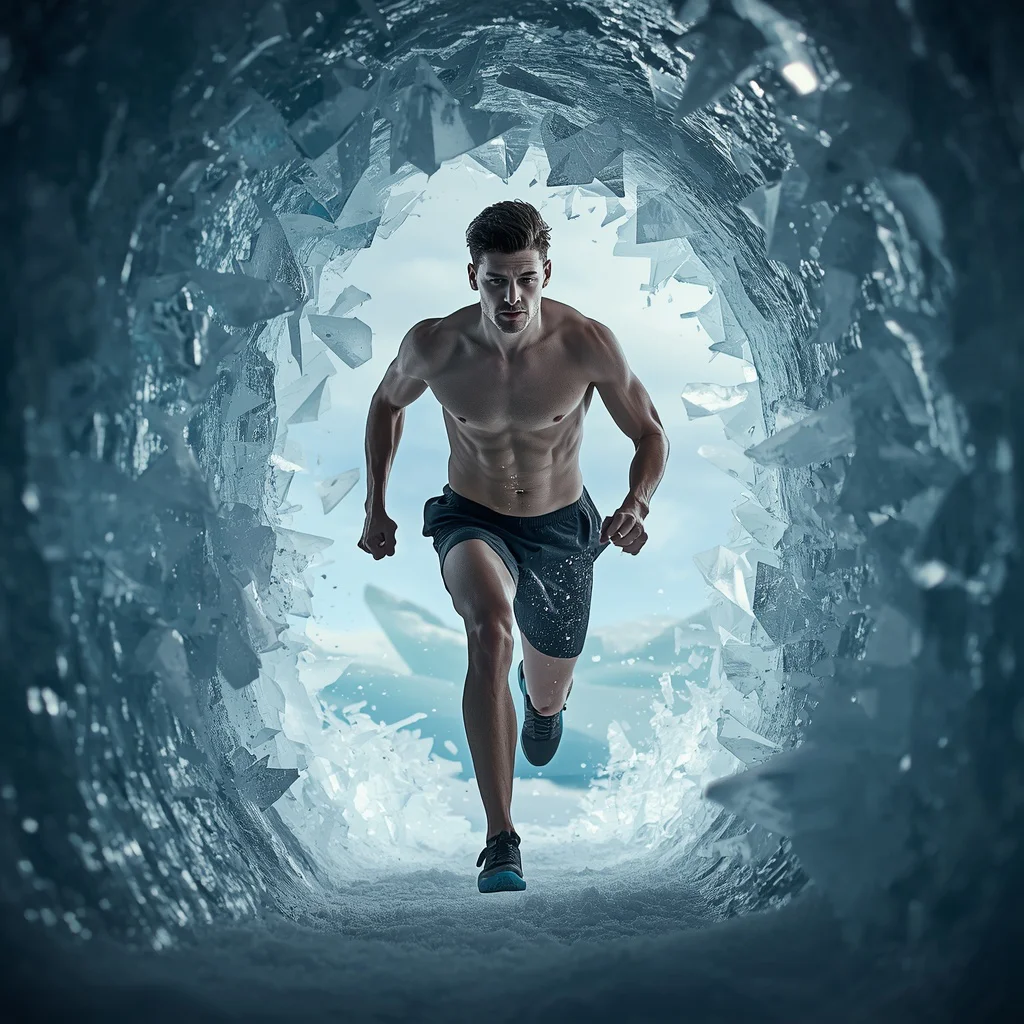 Athletic Man Sprinting Through a Corridor of Shattering Ice Crystals | instagram reel ai prompt — AI image prompt
