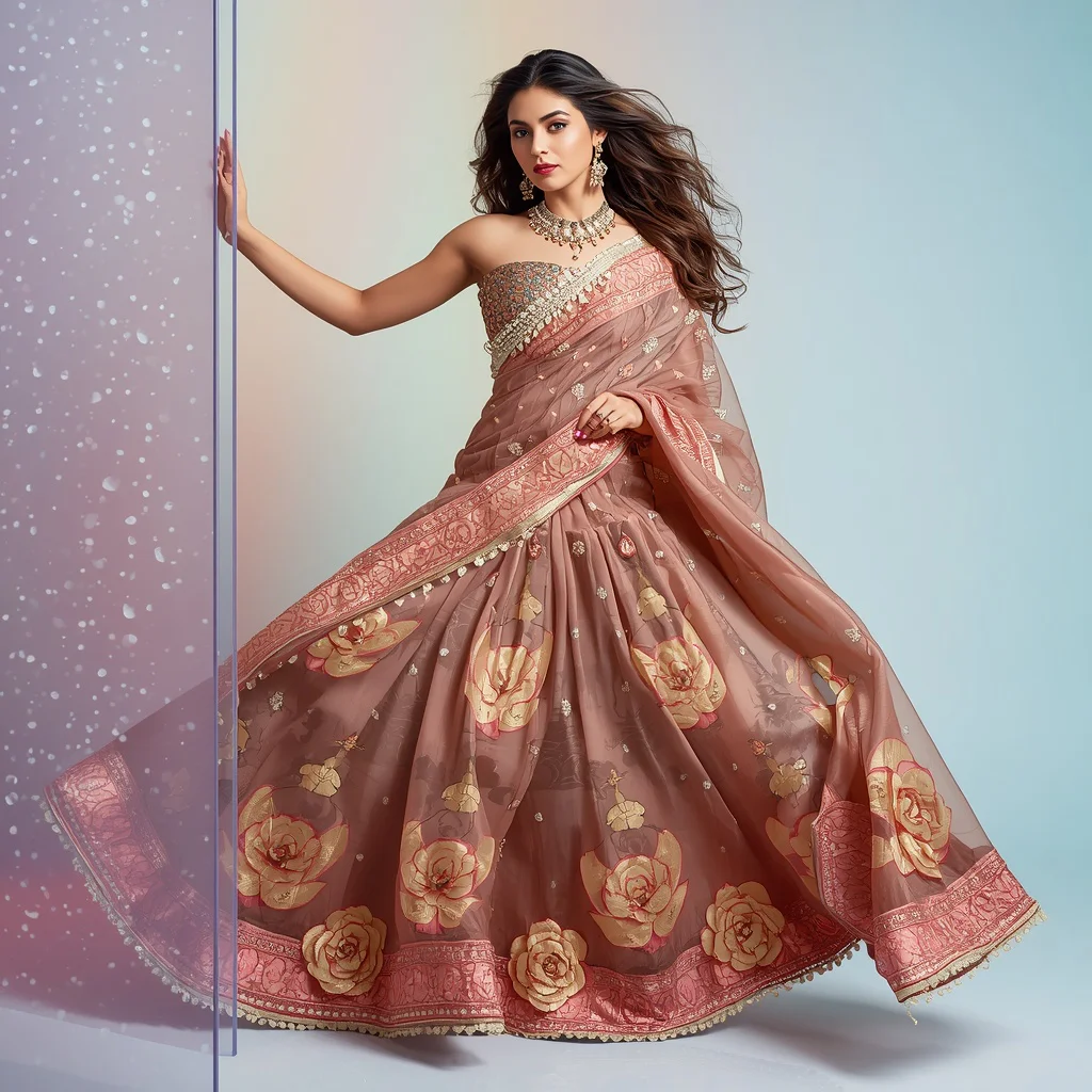 Bismuth Festive Saree with Chromatic Lotuses and Metallic Corset | traditional saree prompt for girl instagram — AI image prompt