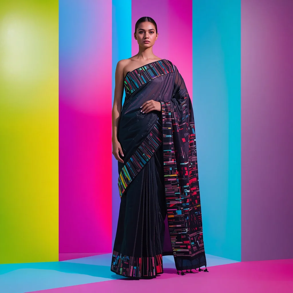 Cyberpunk Saree with Glitch-Art Mirror-work and Neon Color-Blocks | prompt for traditional look for girl instagram — AI image prompt