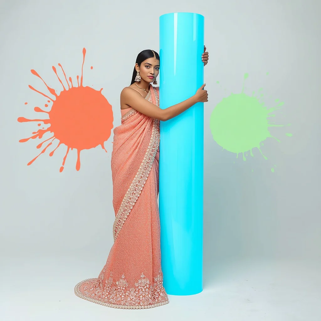 Highly Detailed Aesthetic: Model in Coral Net Saree with Silver Cut-Dana | prompt for traditional look for girl instagram — AI image prompt