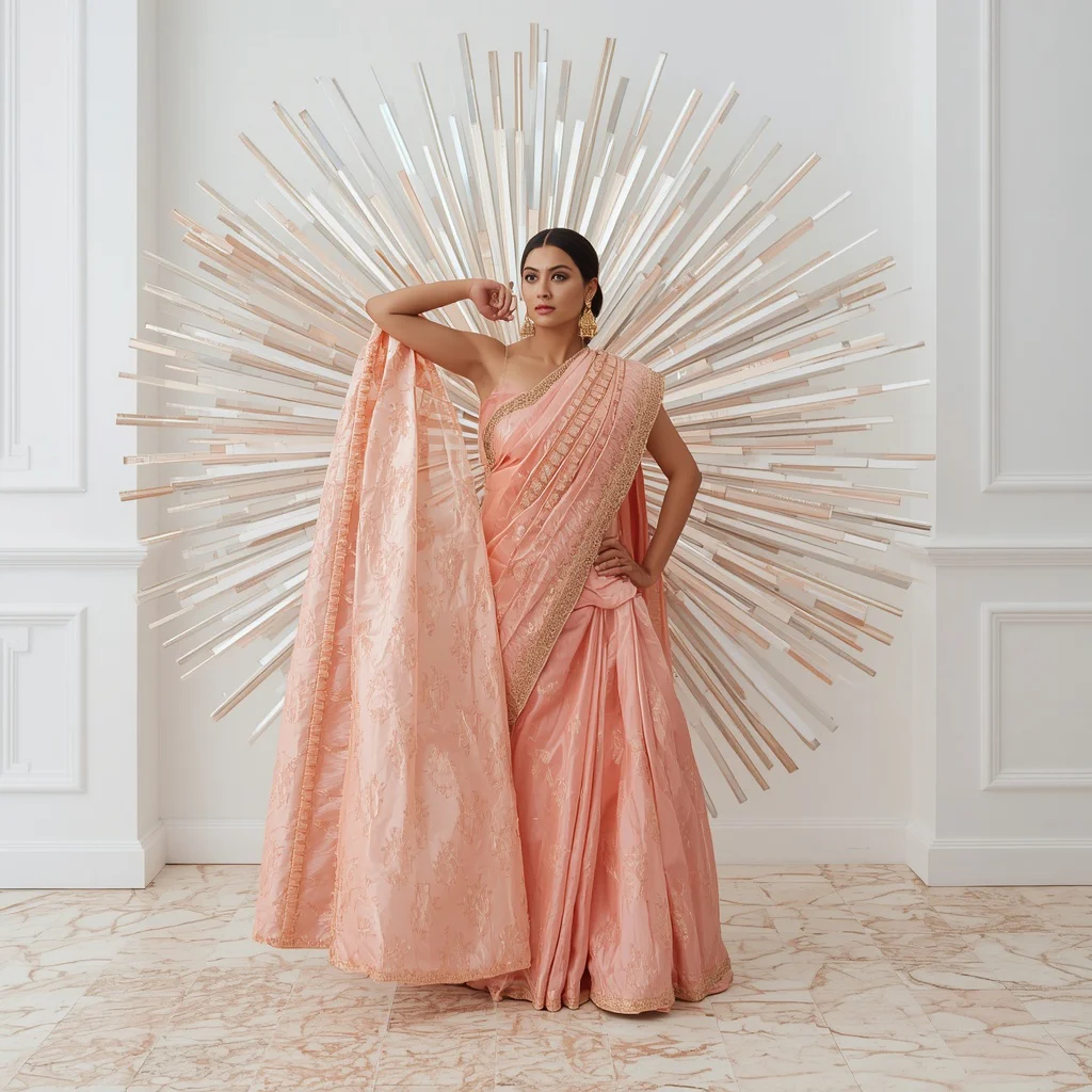 Holographic Shard Armor: Coral Silk Saree | instagram trending prompt copy and paste — AI image prompt