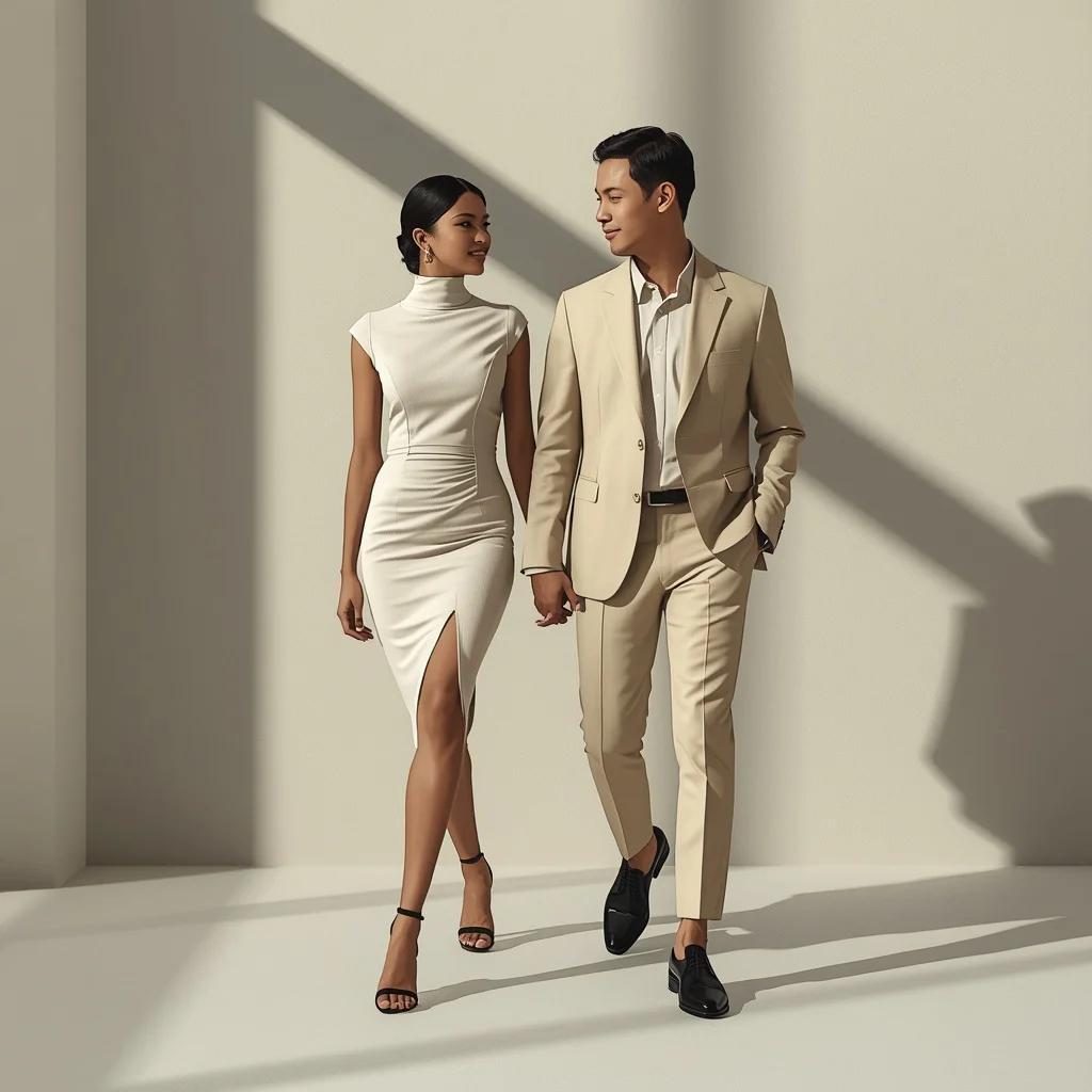 Modern Couple in Coordinated Minimalist Outfits with Geometric Shadows | Romantic couple AI prompt copy and paste Instagram — AI image prompt