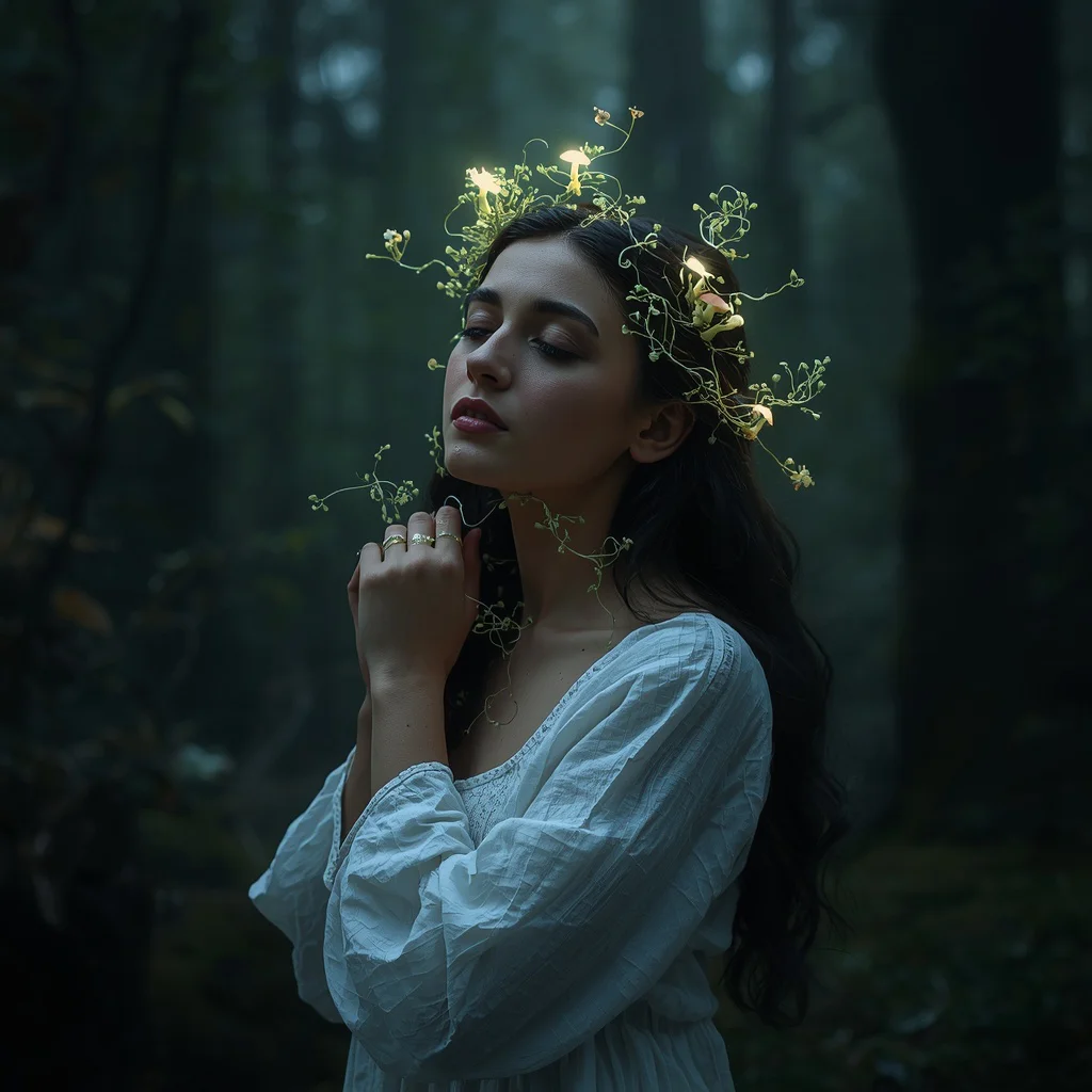 Serene Woman Adorned by a Crown of Bioluminescent Forest Flora | New instagram trend prompt for girl and boy — AI image prompt