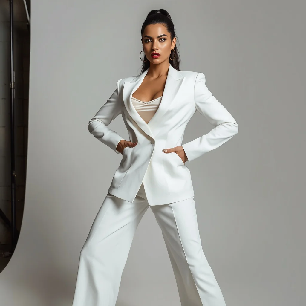 A Starlet's Confident Pose in a Tailored Suit — AI image prompt