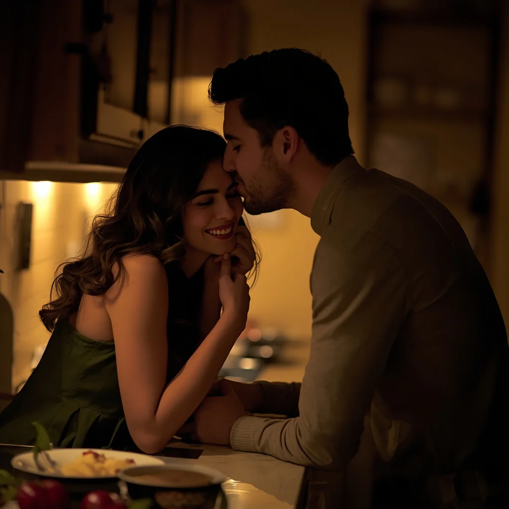 Candid Kitchen Kiss: Couple's Sweet Evening Moment — AI image prompt