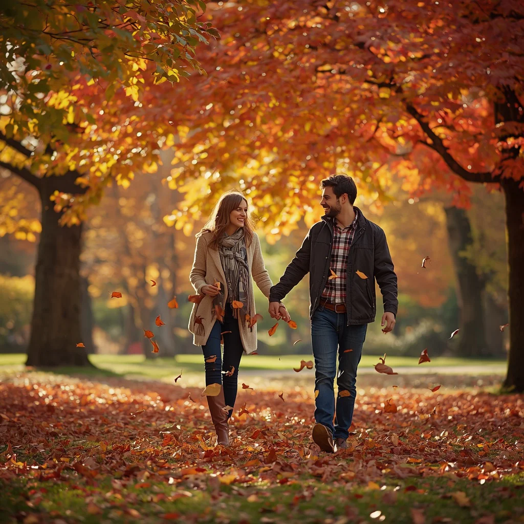 Cozy Autumn Walk: Couple Amidst Falling Leaves — AI image prompt