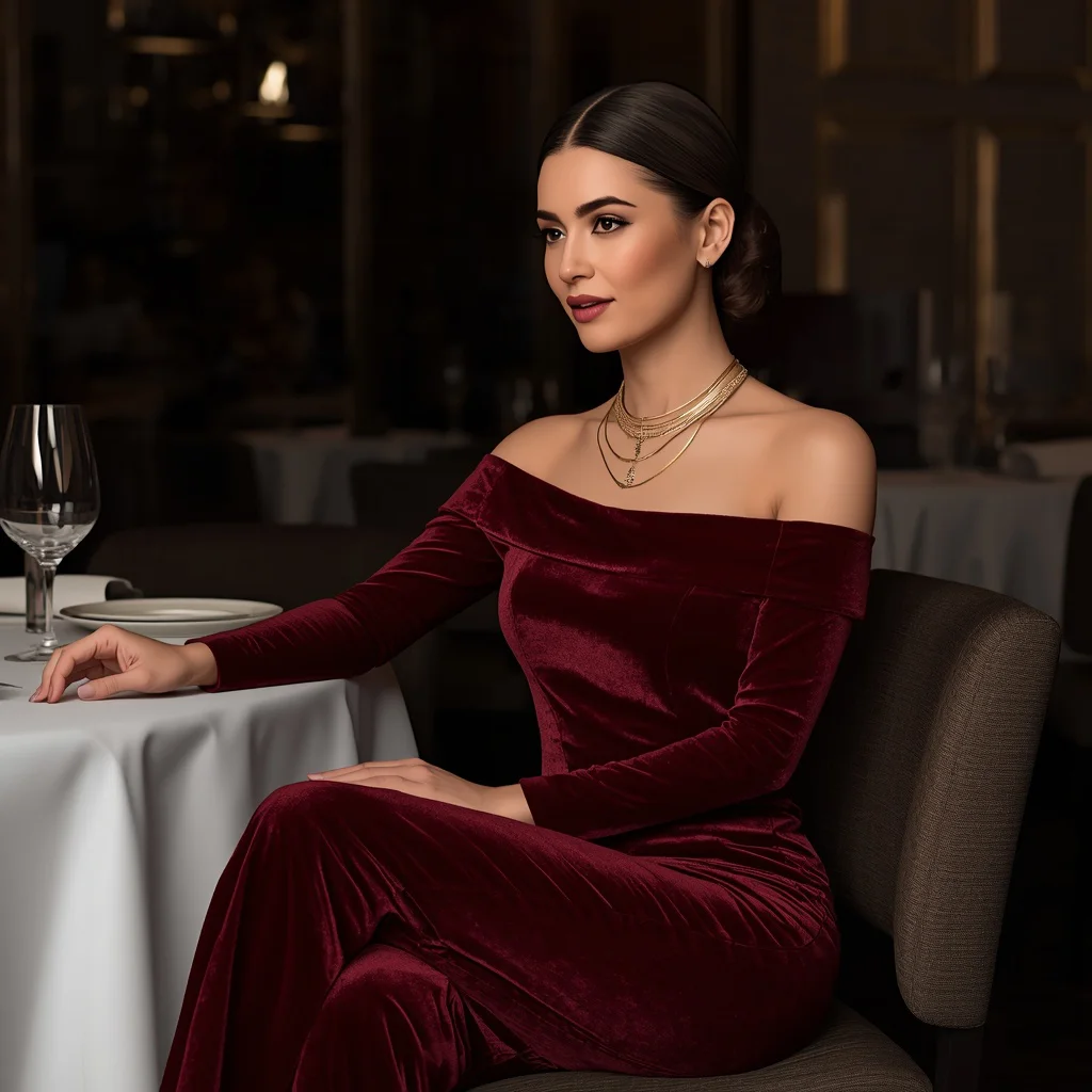 Elegant Formal Dinner: A Sophisticated Velvet Jumpsuit — AI image prompt