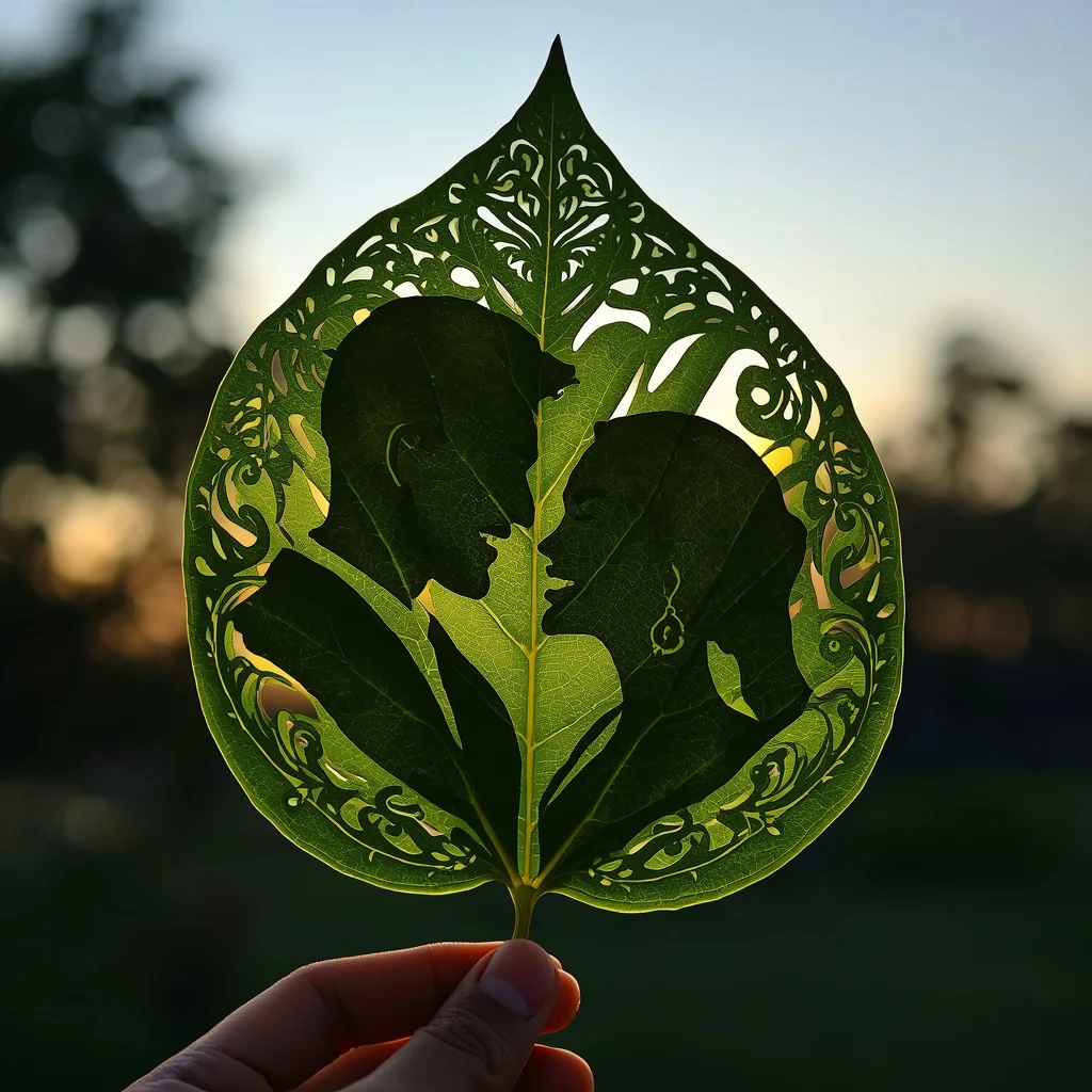 Handcrafted Leaf-Cut Couple Silhouette against Evening Sky — AI image prompt