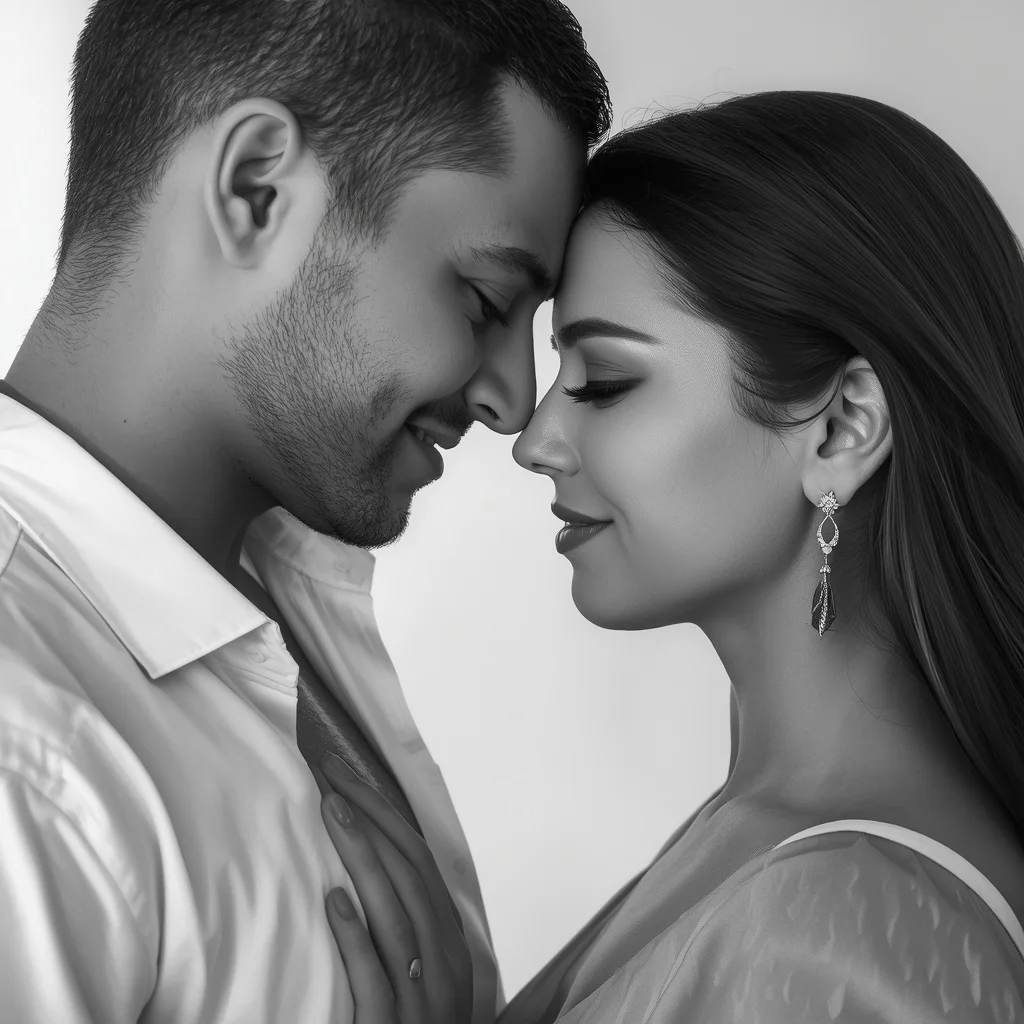 Intimate Black and White Portrait of Forehead Kissing Couple — AI image prompt