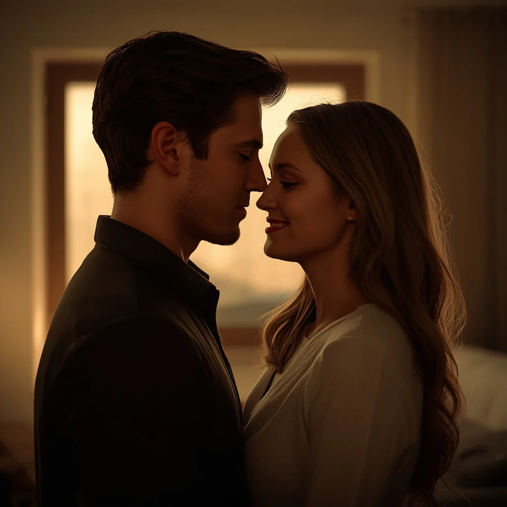 Intimate Couple Portrait with Soft Evening Light and Whispers — AI image prompt