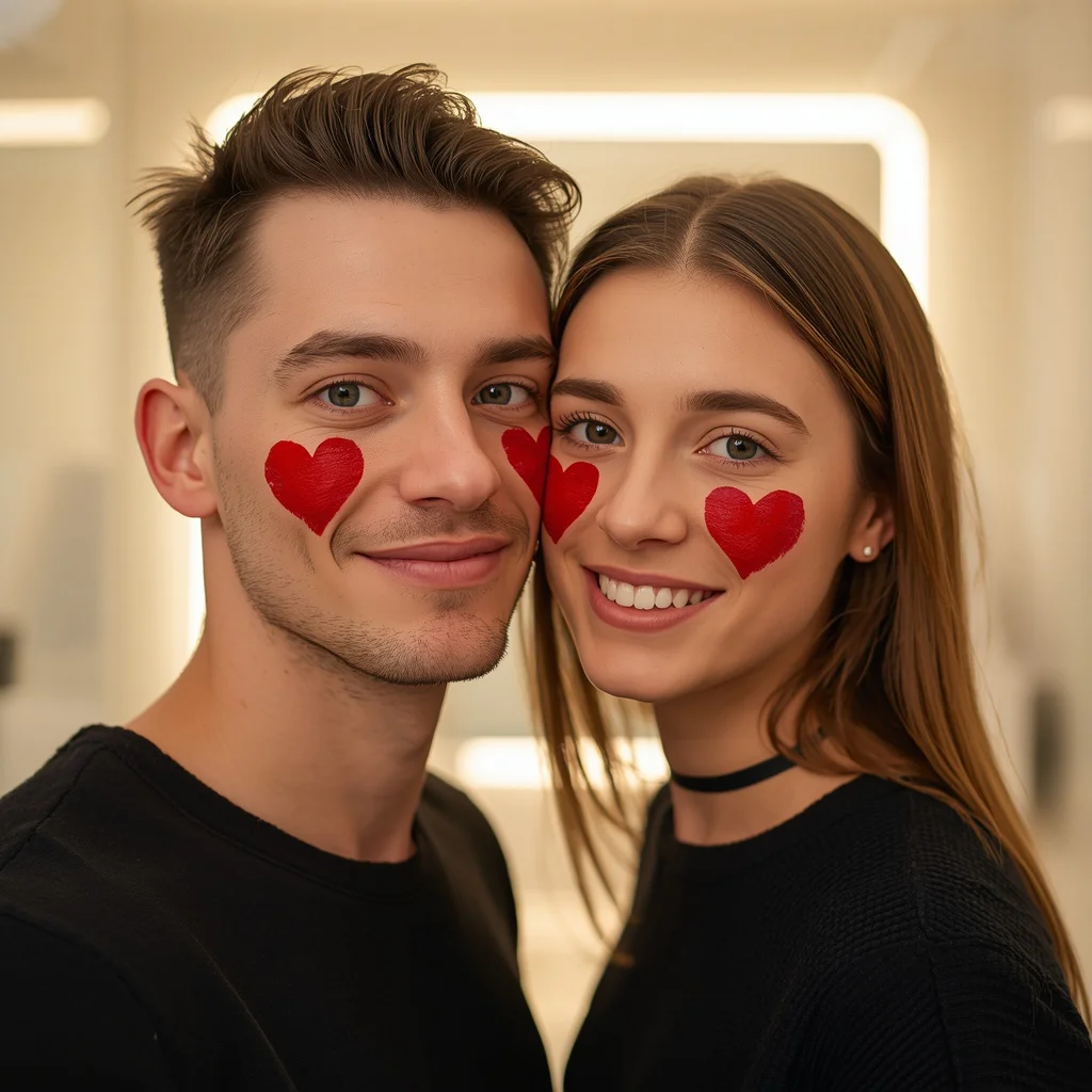 Intimate Couple Selfie with Split Red Heart on Cheeks — AI image prompt