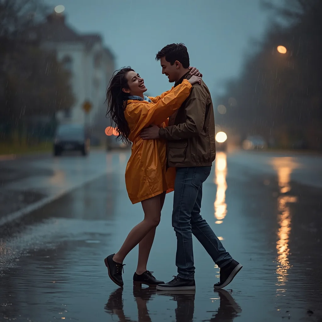 Joyful Rainy Day Dance for a Young Couple — AI image prompt
