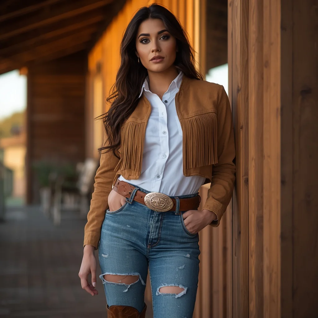 Modern Western Cowgirl: A Chic Denim and Suede Look — AI image prompt