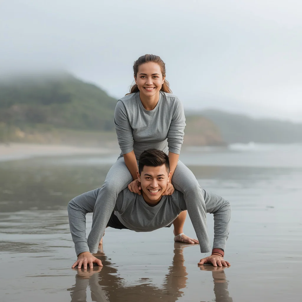 Playful Beach Fitness Portrait: Sitting on Partner's Back — AI image prompt