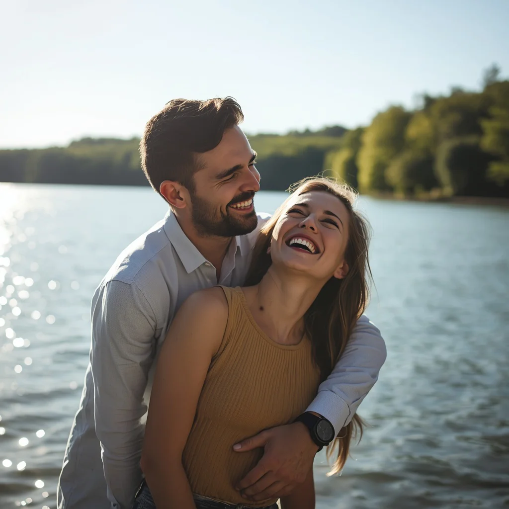 Playful Laughter: Couple Sharing a Joke by the Lake — AI image prompt