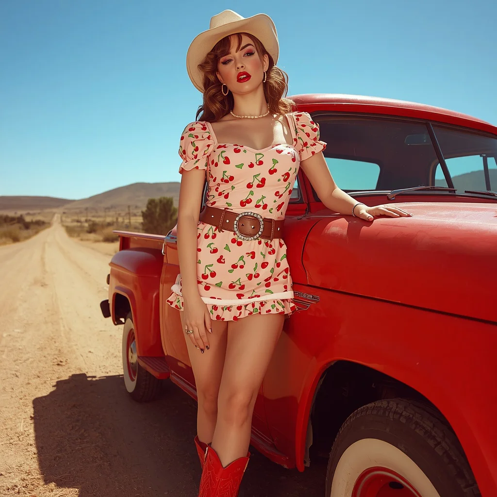 Retro Cowgirl Vixen in a Cherry Print Mini Dress — AI image prompt