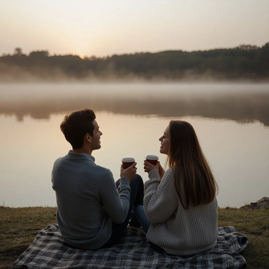 Romantic Couple's Serene Lakeside Morning — AI image prompt