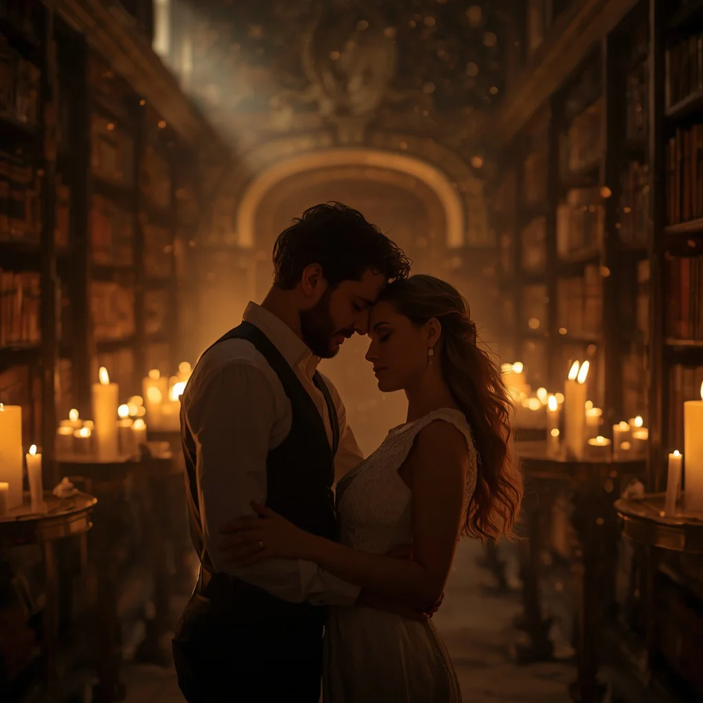 Romantic Embrace in a Candlelit Library — AI image prompt