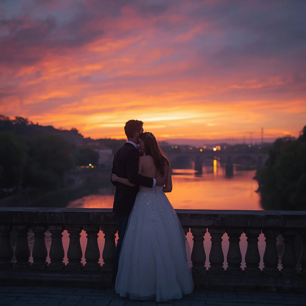 Romantic Embrace on a Bridge Over a River at Sunset — AI image prompt