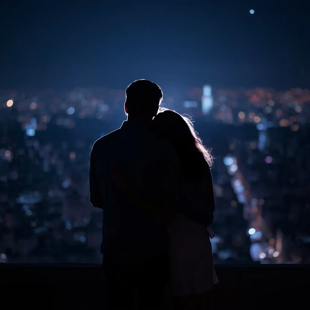Romantic Embrace on a City Rooftop at Night — AI image prompt
