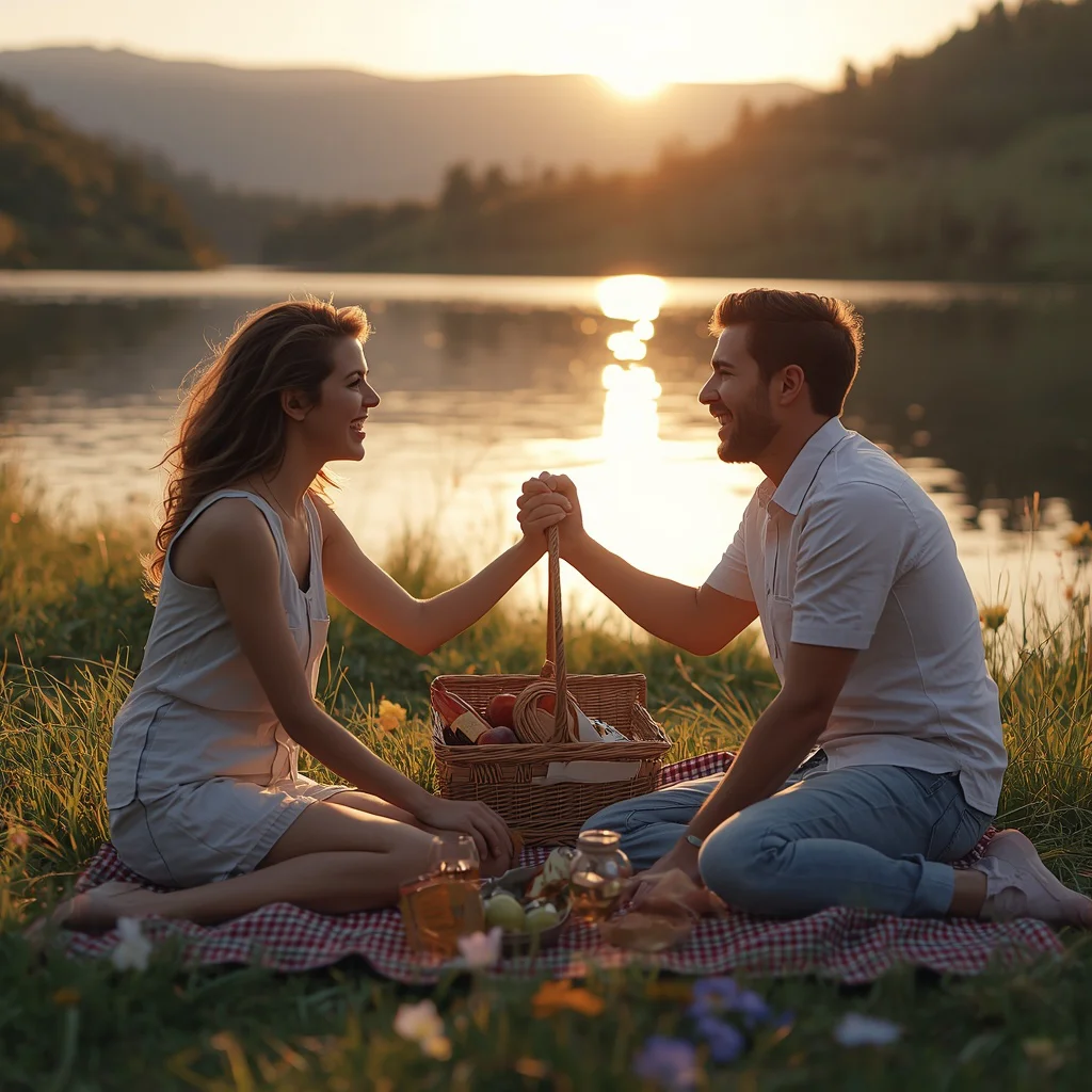 Romantic Picnic by the Lake with Golden Hour Glow — AI image prompt