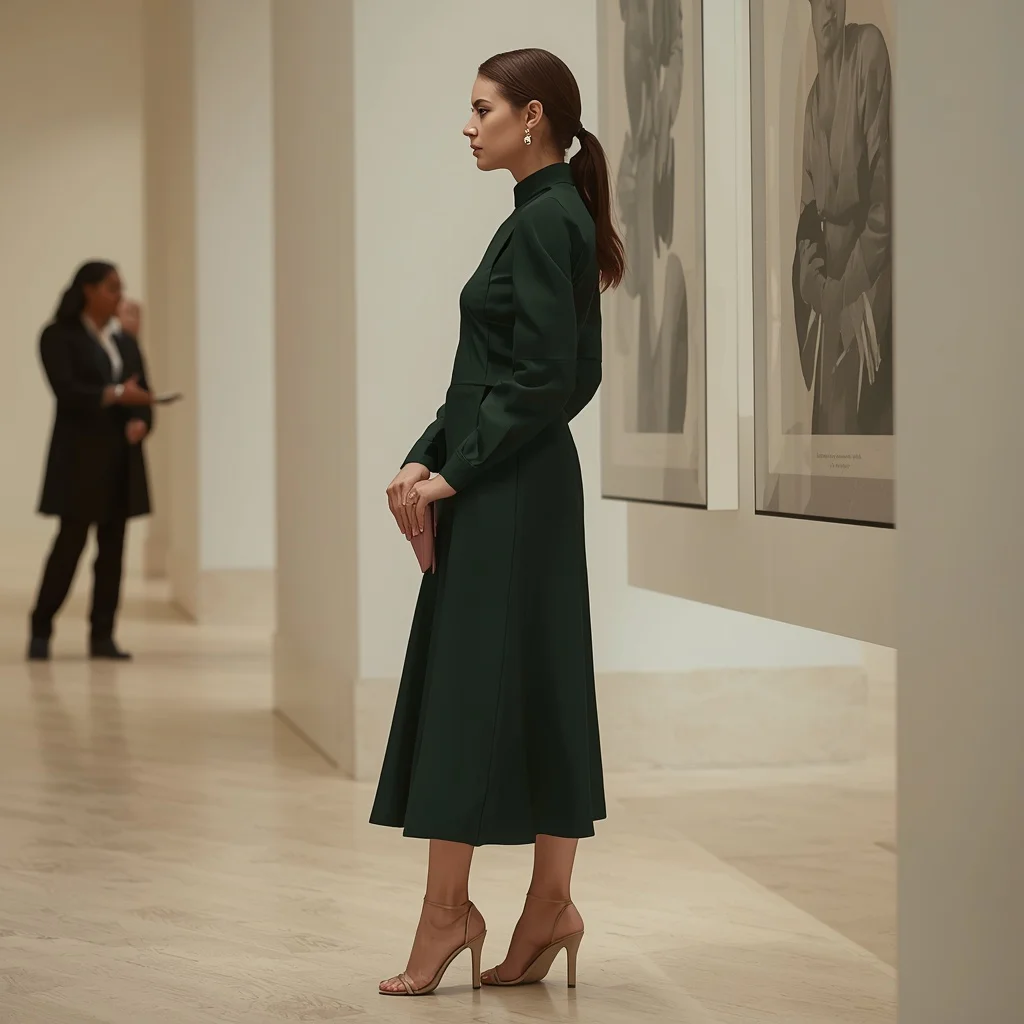 Sophisticated Museum Opening: An Architectural A-Line Dress — AI image prompt