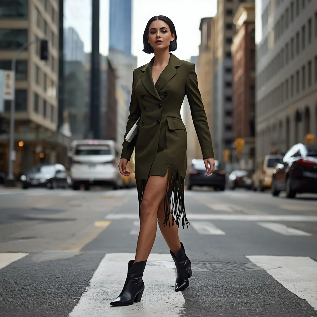 Sophisticated Western Blazer Dress in a Cityscape — AI image prompt