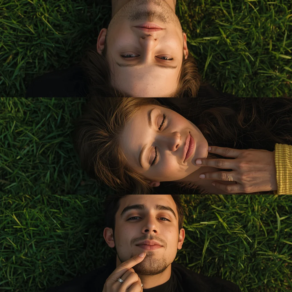 Three-Frame Stacked Collage of Couple on Green Grass — AI image prompt