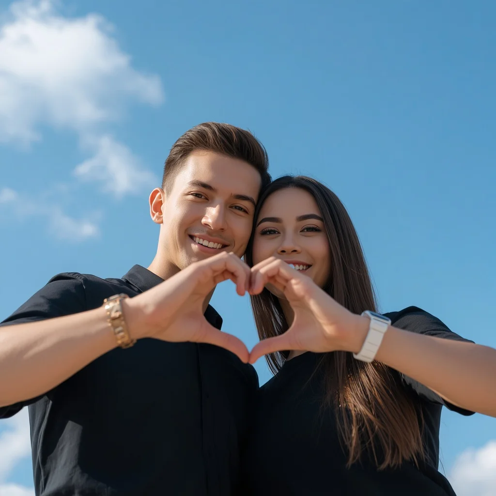 Ultra-Realistic Couple Hand Heart Selfie Against Blue Sky — AI image prompt