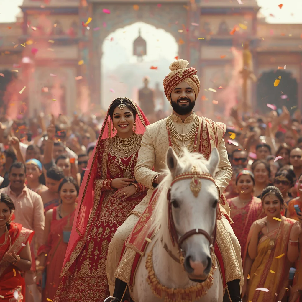 Vibrant Indian Wedding Procession with Joyful Couple on Horse — AI image prompt